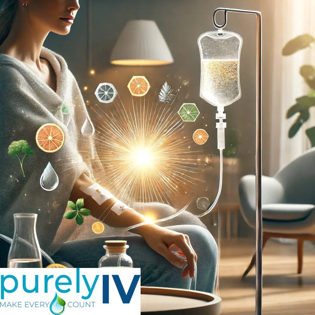 Illustration of an adult receiving IV hydration at home with hydration icons